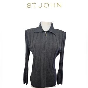 St.John Old Money Charcoal Ribbed Santana Knit Full Zip Closure Cardiga Sweater